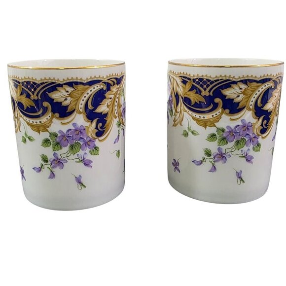 Andrea by Sadek Royal Violets Gold Rim 10 Oz Porcelain Mugs Cups – Set of 2 - Picture 9 of 16
